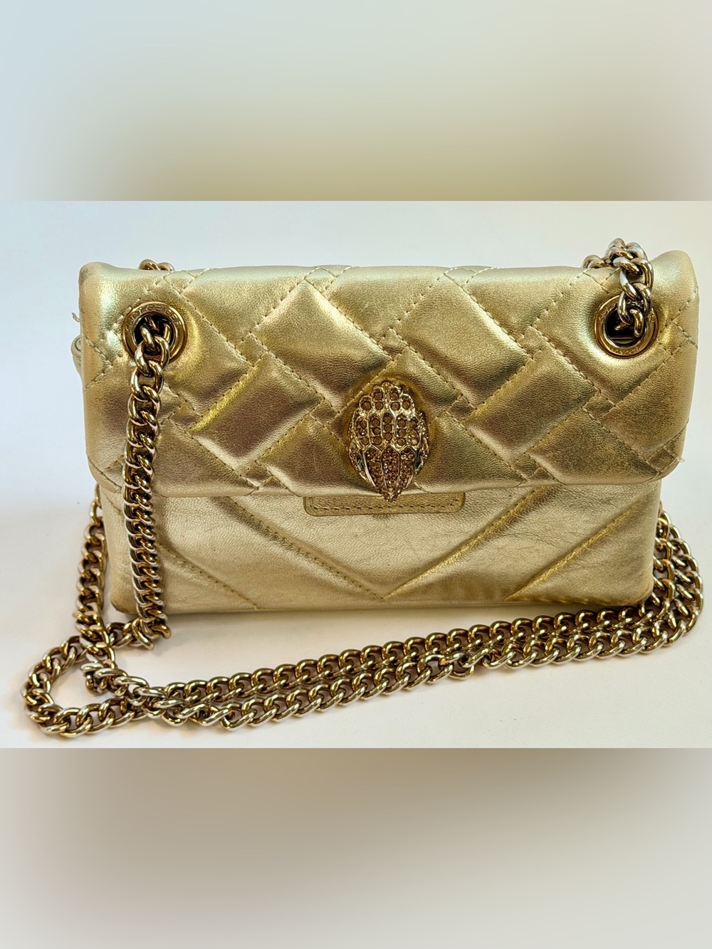 Kurt Geiger Medium Kensington Metallic Gold Leather Crystal Eagle Chain Bag